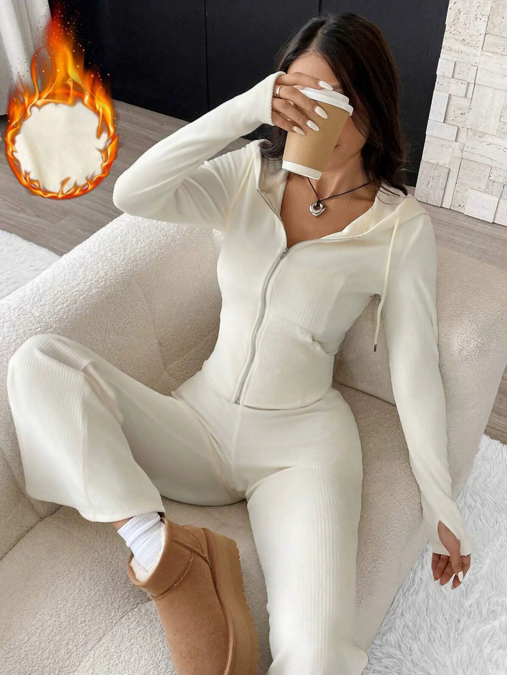 ZARA Womens Winter Hooded Knit Lounge Set Long Sleeve Wide Leg Pants Elegant